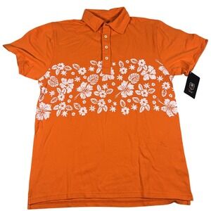Wes and Willy Mens Large Orange Floral Hibiscus Tropical Pique Polo Shirt NWT